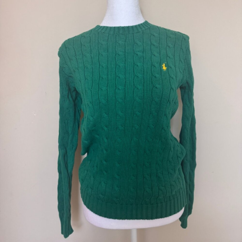 Kelly Green Cable-Knit Cotton Crewneck Sweater — Polo Ralph Lauren — Size Small